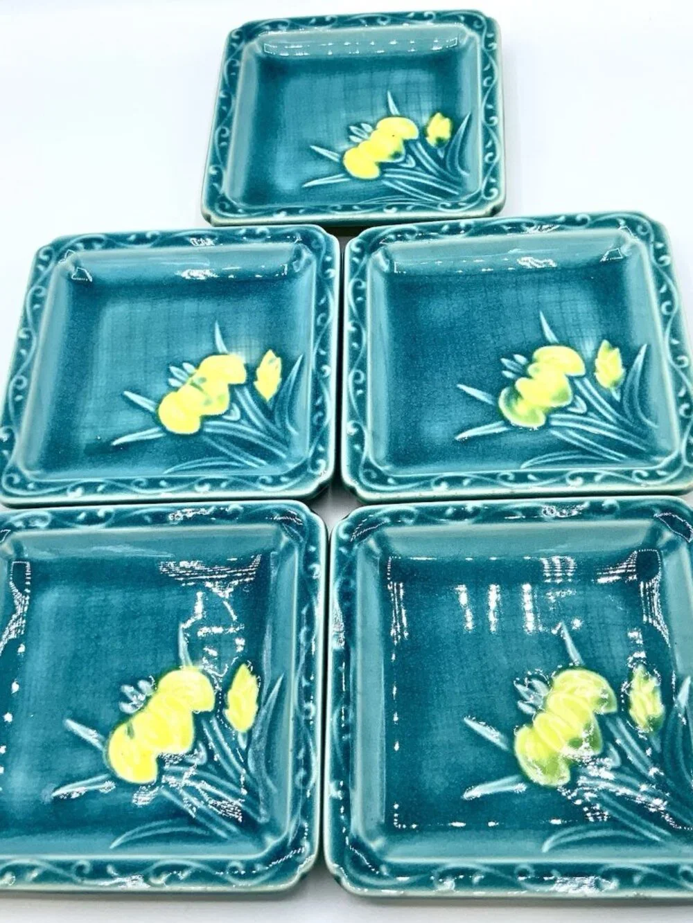 Vintage Turquoise Teal Ceramic Coaster Small Plate Set 5 Plates + Bamboo Holder